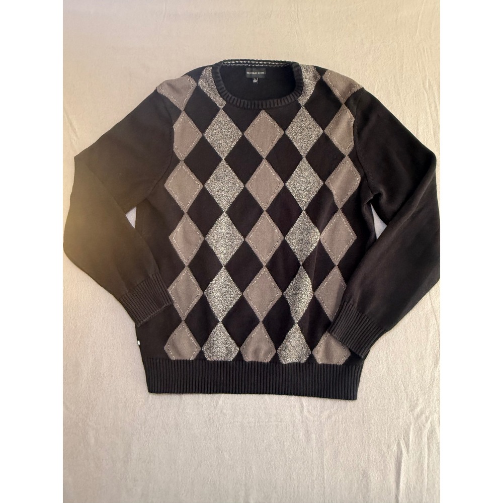 Geoffrey Beene Mens Argyle Crewneck Sweater Black Grey Metallic Silver Large
